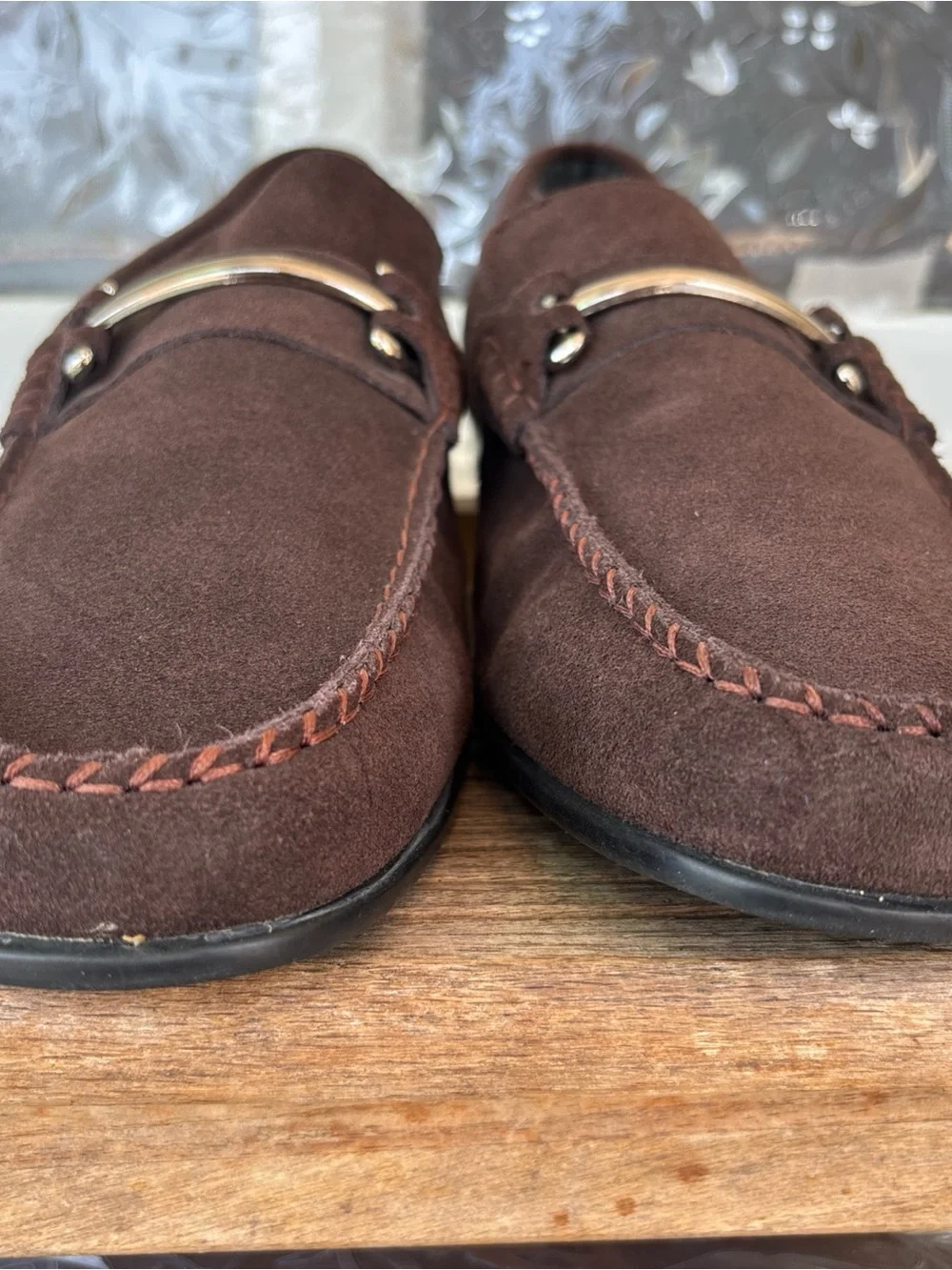Stacy Adams Brown Suede Slip-On Loafers with Gold-Tone Bit 14 EUC